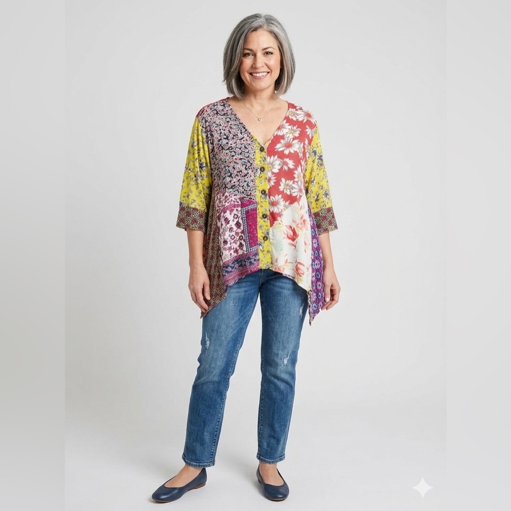SACRED THREADS | Floral Patchwork V-Neck Top - Picture 2 of 8